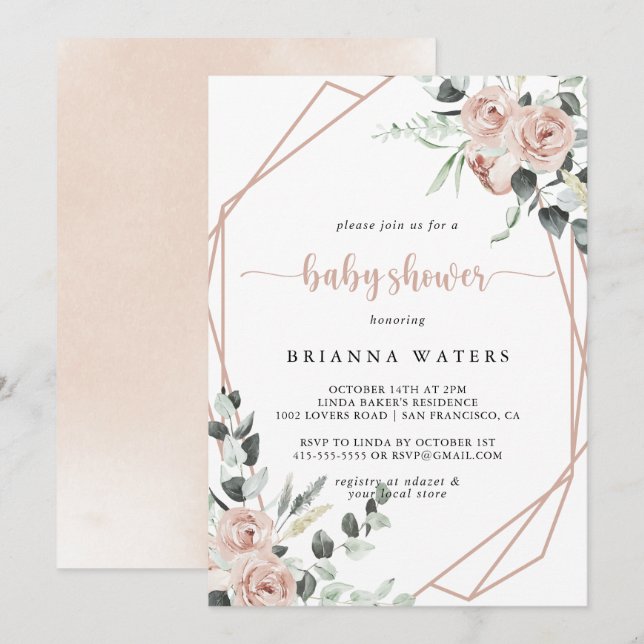 Geometric Classic Dusty Rosa ros Baby Shower Inbjudningar (Fram/baksida)