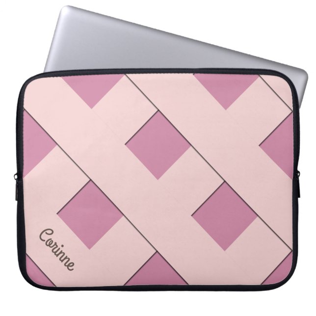 Geometric Crossing Pastel Rosa Linjer med Namn Laptop Sleeve (Framsidan)