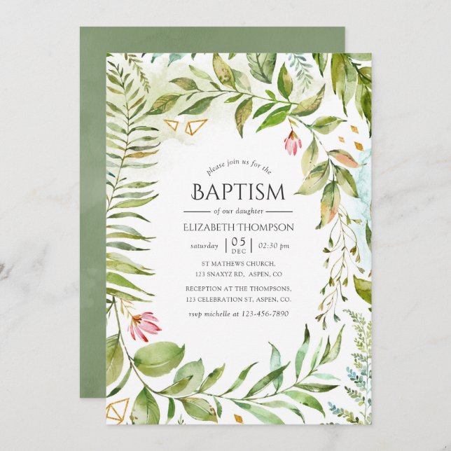 Geometric Crystal Greenery Baptism Inbjudningar (Fram/baksida)