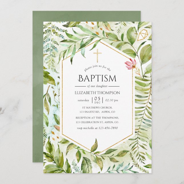 Geometric Crystal Greenery Baptism Inbjudningar (Fram/baksida)