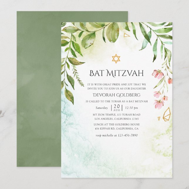 Geometric Crystal Greenery Bat mitzvah Inbjudningar (Fram/baksida)