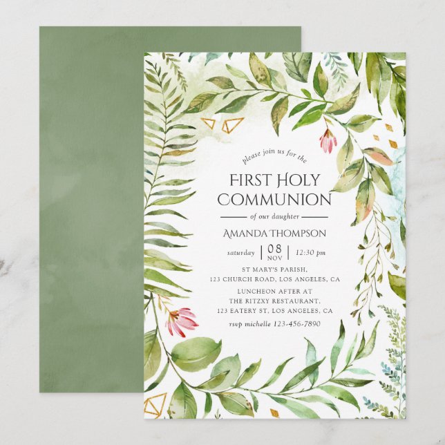 Geometric Crystal Greenery First Heliga Communion Inbjudningar (Fram/baksida)