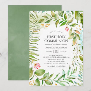 Geometric Crystal Greenery First Heliga Communion Inbjudningar