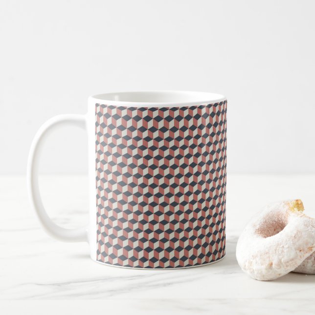 Geometric Cube Mönster i Coral, Blue & Cream Kaffemugg (Med munk)