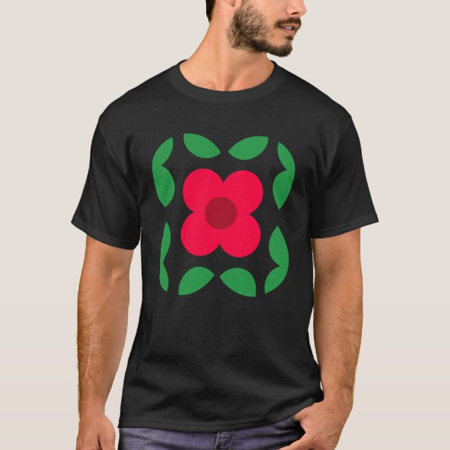Geometric Cute Red Daisy Flower and Leaves T Shirt (Framsida)