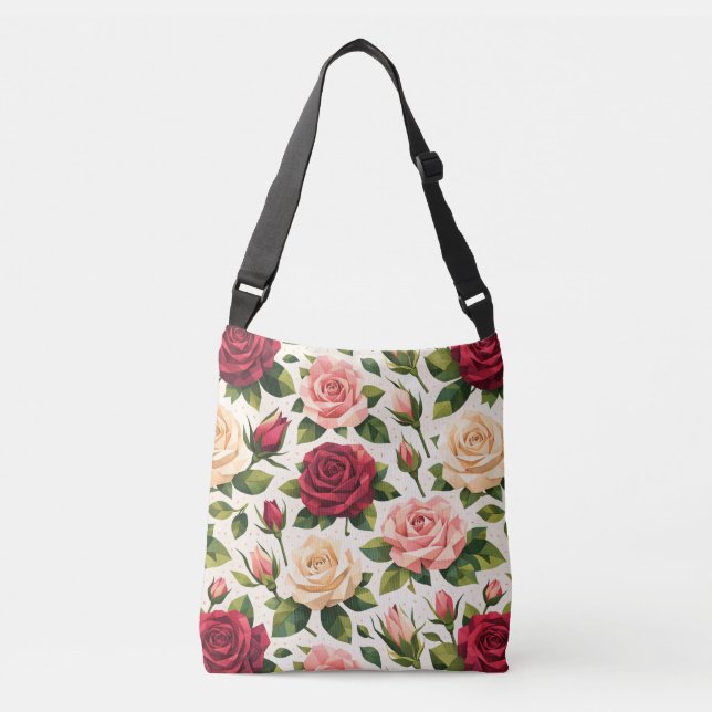 Geometric Cute Rose Pattern Pink Red Peach Floral Axelväska (Framsida)