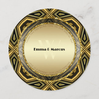 Geometric Deco Gold Black Round Wedding Menu Card Meny