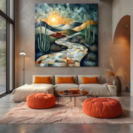 Geometric Desert Ligcape med Cactus och Sunlit Canvastryck