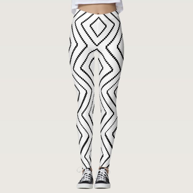 Geometric Diamond Mönster Black and White Design D Leggings (Framsida)
