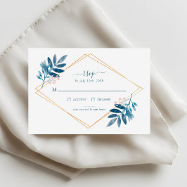 Geometric Dusty Blue Greenery Wedding RSVP Card OSA Kort