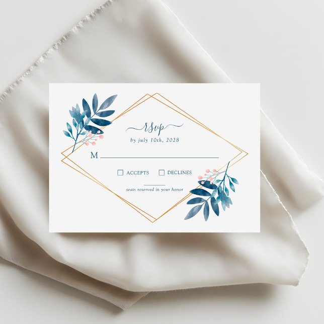 Geometric Dusty Blue Greenery Wedding RSVP Card OSA Kort (Skapare uppladdad)