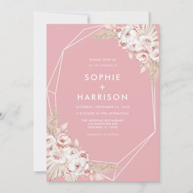 Geometric Dusty Ro Boho Pampas Grass Bröllop Inv Inbjudningar (Framsida)