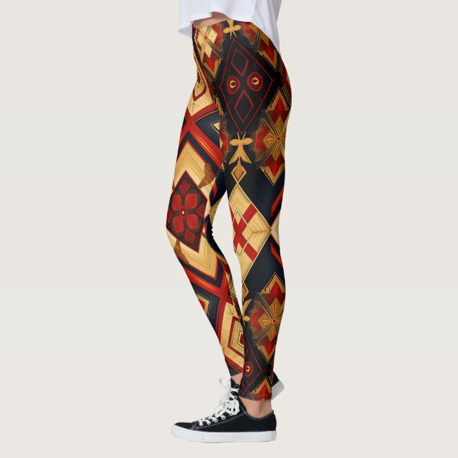 Geometric Elegance Seamless Mönster Red Guld Black Leggings (Vänster)