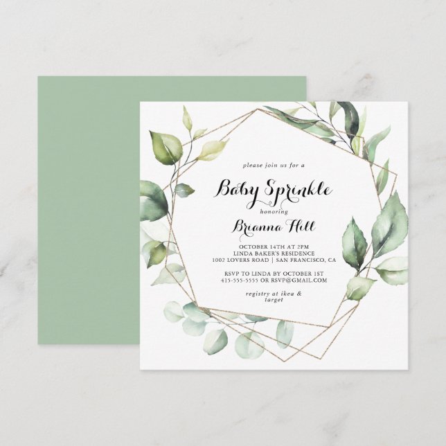 Geometric Elegant Guld Greenery Baby Sprinkle Inbjudningar (Fram/baksida)