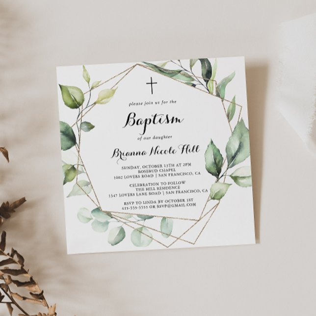 Geometric Elegant Guld Greenery Baptism Inbjudningar (Skapare uppladdad)