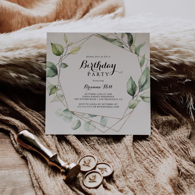 Geometric Elegant Guld Greenery Födelsedagsfest Inbjudningar (Skapare uppladdad)