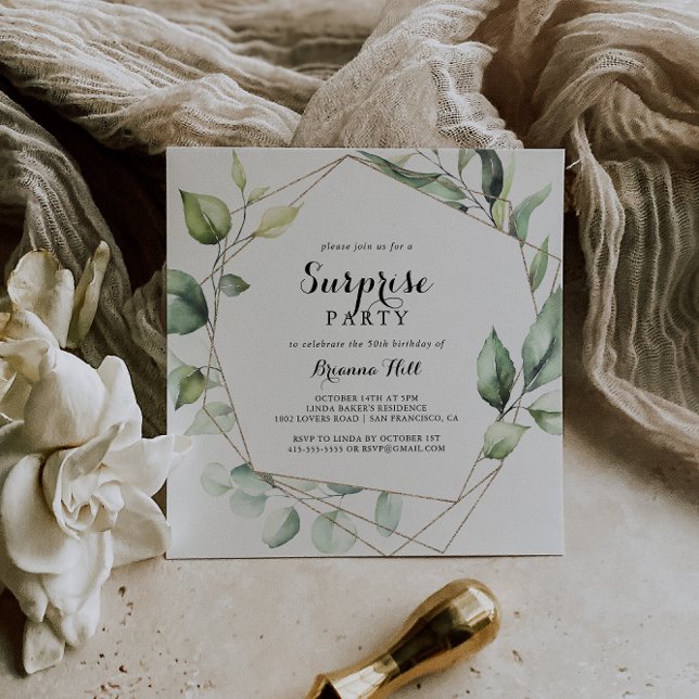 Geometric Elegant Guld Greenery Surprise Party Inbjudningar (Skapare uppladdad)