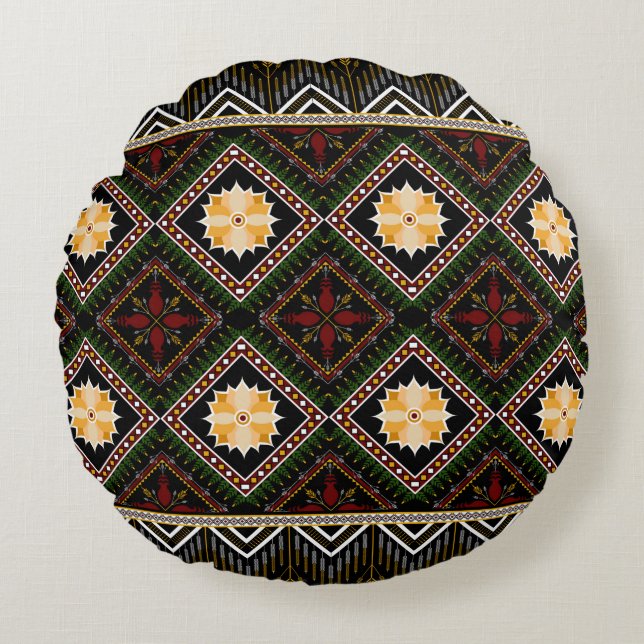 Geometric ethnic pattern seamless design rund kudde (Framsidan)