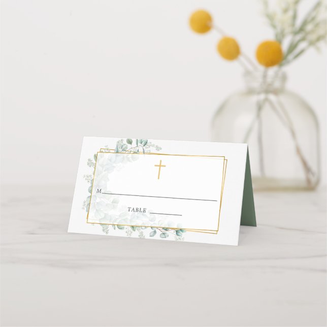 Geometric Eucalyptus Baptism eller Christening Placeringskort (Framsida)