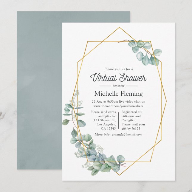 Geometric Eucalyptus Virtuell Baby Shower Inbjudningar (Fram/baksida)