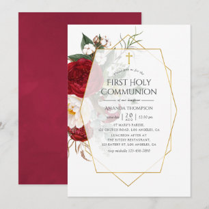 Geometric First Communion för Burgundy & White-Blo Inbjudningar
