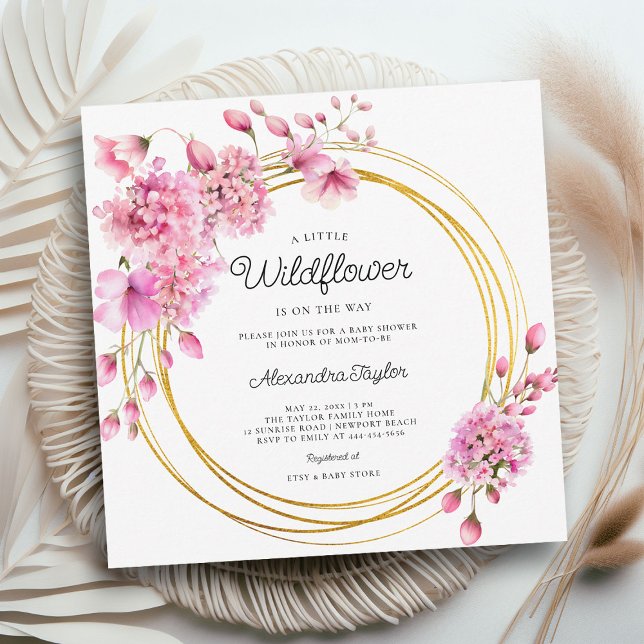 Geometric Flicka Shower för Wildblomme Guld Circle Inbjudningar (little wildflower baby girl shower invitation cottage garden watercolor pink gold circles boho chic )