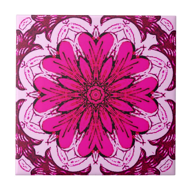 Geometric Flower Mönster i Burgundy & Magenta Kakelplatta (Framsidan)
