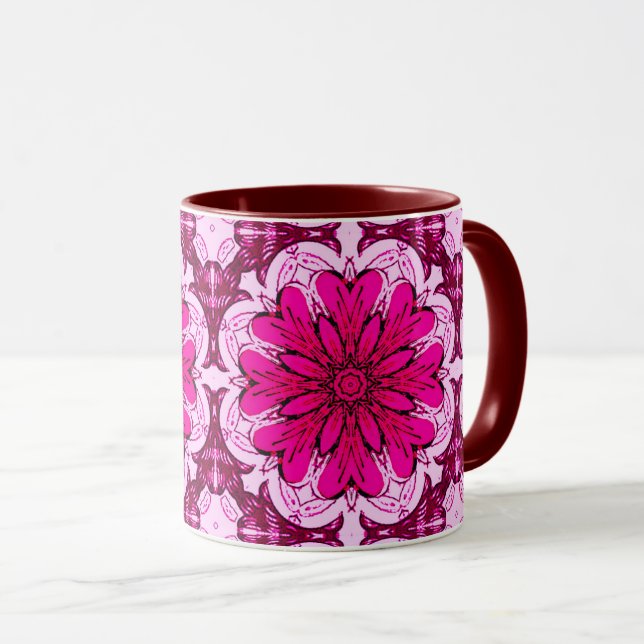 Geometric Flower Mönster i Burgundy & Magenta Mugg (Framsida höger)
