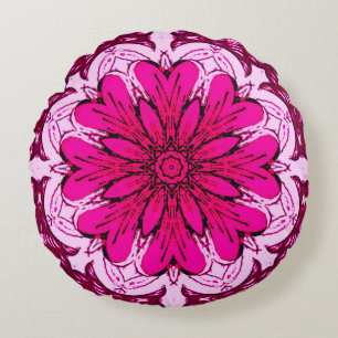 Geometric Flower Mönster i Burgundy & Magenta Rund Kudde