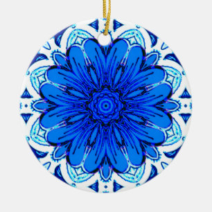 Geometric Flower Mönster i Cobalt Blue och Navy Julgransprydnad Keramik