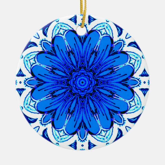 Geometric Flower Mönster i Cobalt Blue och Navy Julgransprydnad Keramik (Framsidan)