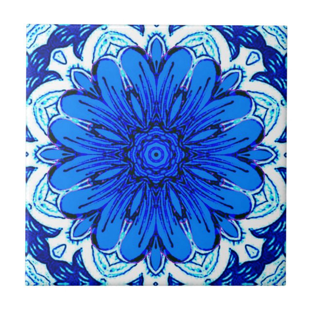 Geometric Flower Mönster i Cobalt Blue och Navy Kakelplatta (Framsidan)