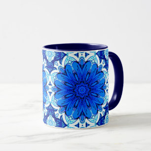 Geometric Flower Mönster i Cobalt Blue och Navy Mugg