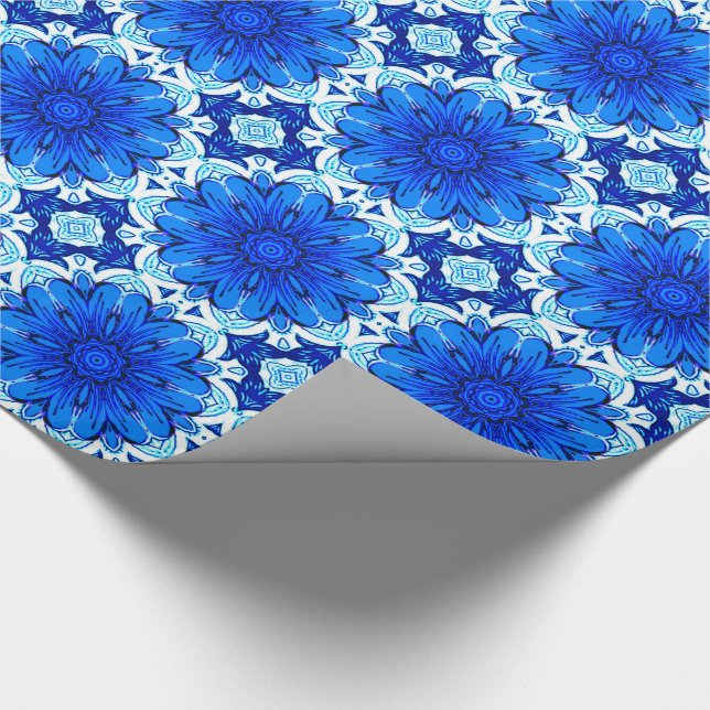 Geometric Flower Mönster i Cobalt Blue och Navy Presentpapper (Hörn)
