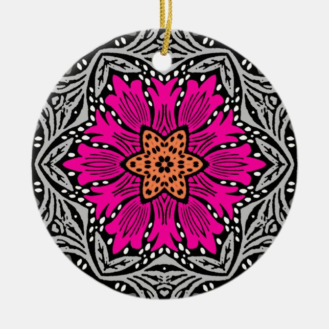 Geometric Flowers - Fuchsia Rosa och Grått Julgransprydnad Keramik (Framsidan)