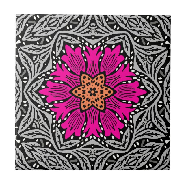 Geometric Flowers - Fuchsia Rosa och Grått Kakelplatta (Framsidan)