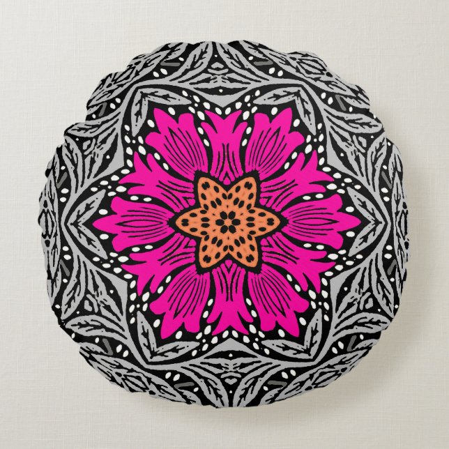 Geometric Flowers - Fuchsia Rosa och Grått Rund Kudde (Framsidan)