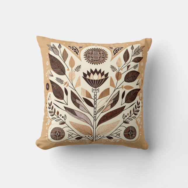 Geometric Folk Art Dekorativ kudde | Beige & Brown (Framsida)
