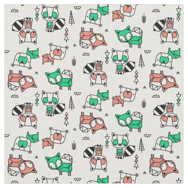 Geometric Forest Animals Mönster Tyg (Närbild)