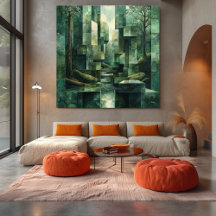 Geometric Forest Scene in Shades of Grönt Abstrakt