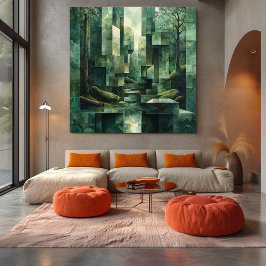 Geometric Forest Scene in Shades of Grönt Abstrakt Canvastryck