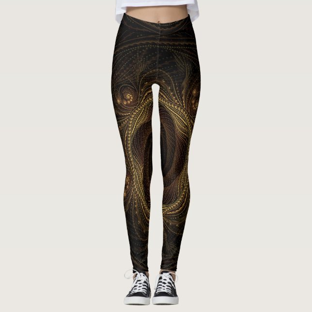 Geometric Fractalers Black Guld Brown Elegant Leggings (Framsida)