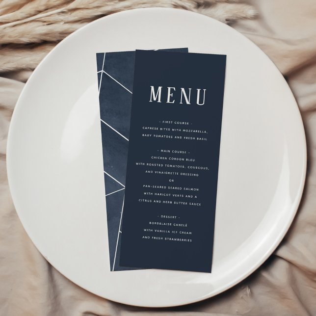 Geometric Gala Menu för marin blå vattenfärg Meny (Navy Blue Watercolor Geometric Gala Menu)
