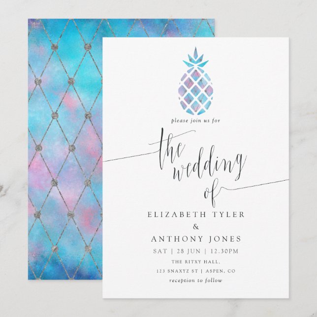 Geometric Galaxy Pineapple Tropical Beach Wedding Inbjudningar (Fram/baksida)