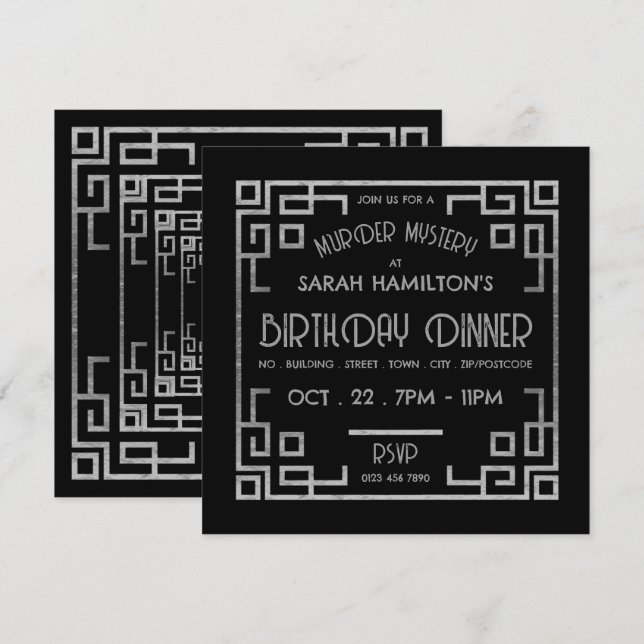 Geometric Gatsby Stil, Murder Mysemination Birthda Inbjudningar (Fram/baksida)