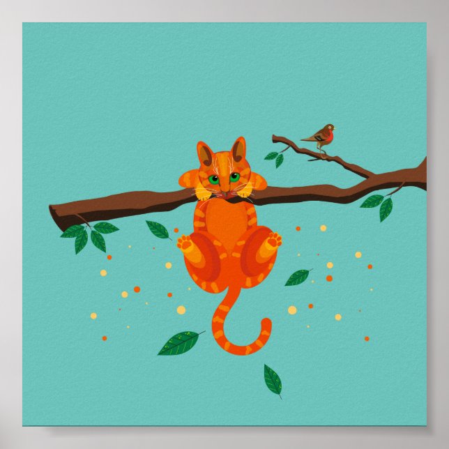 Geometric ginger Cat upp en illustration av träd Poster (Framsidan)