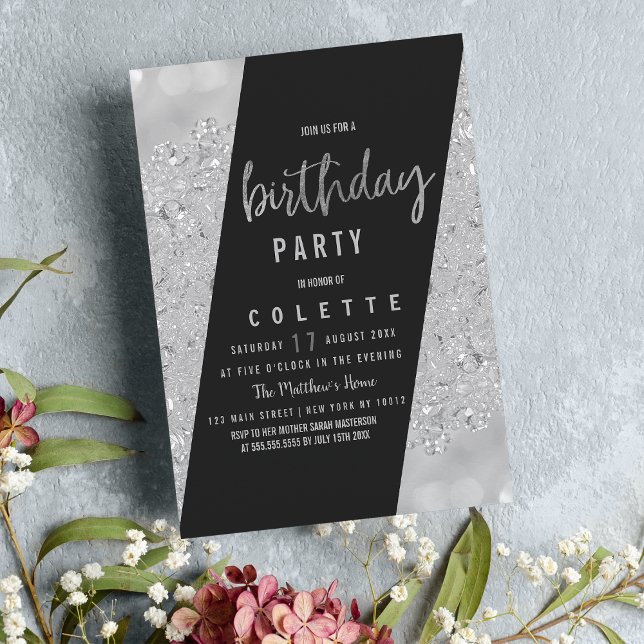Geometric glam Black silver glitter Födelsedagsfes Inbjudningar (Geometric glam black silver glitter Birthday Party)