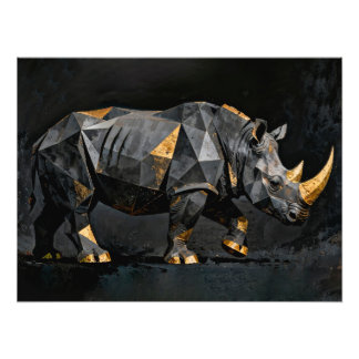 Geometric Gold and Black Rhinoceros Sculpture Fototryck