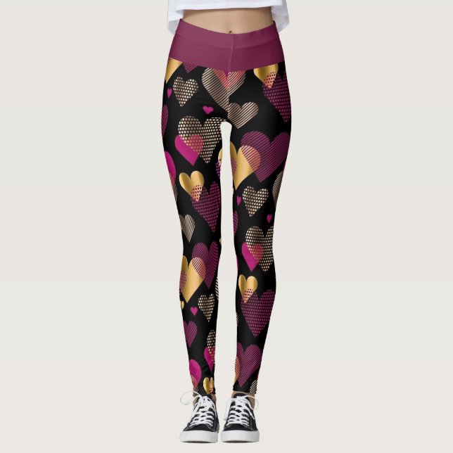 Geometric Gold & Magenta Heart Pattern Leggings (Framsida)