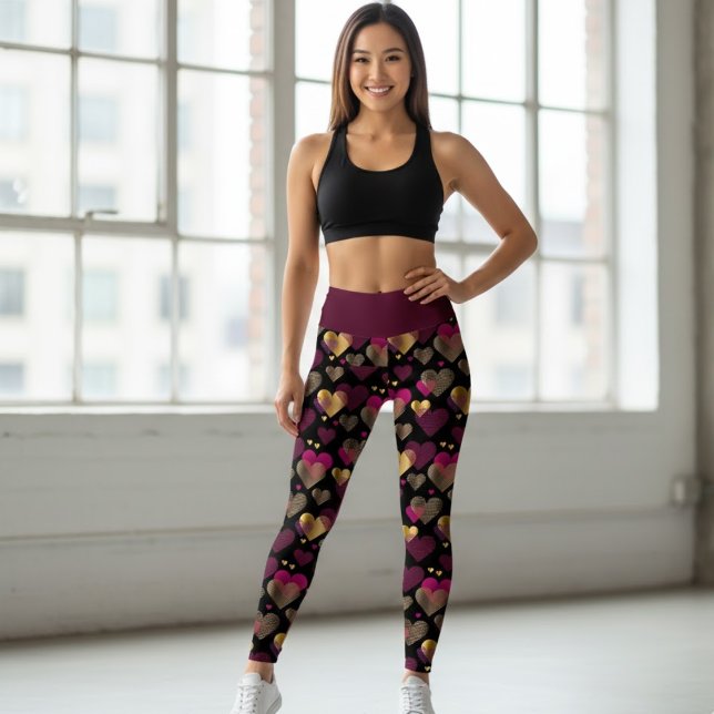 Geometric Gold & Magenta Heart Pattern Leggings (Skapare uppladdad)